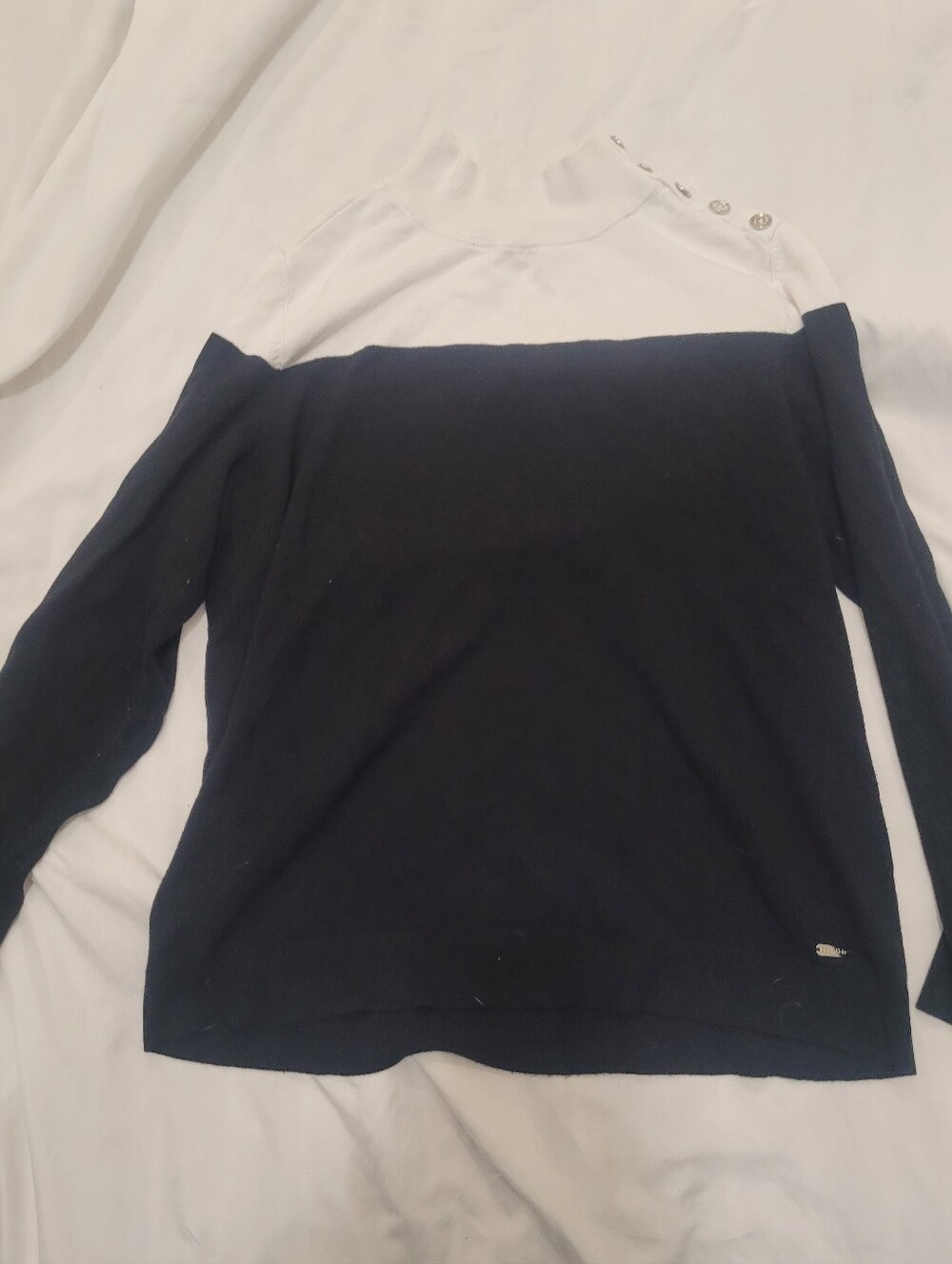 White and Navy Colorblock Boatneck Sweater